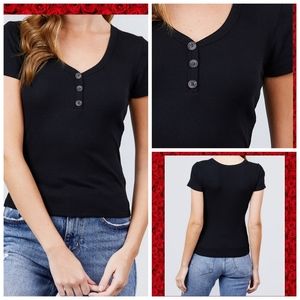 Short Sleeve V-neck w/button detail rib knit top
